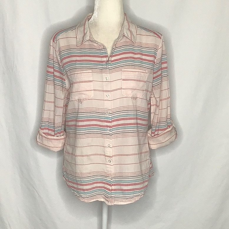 C&C California Lightweight Cotton Striped Button Down Blouse Roll Tab Sleeves M